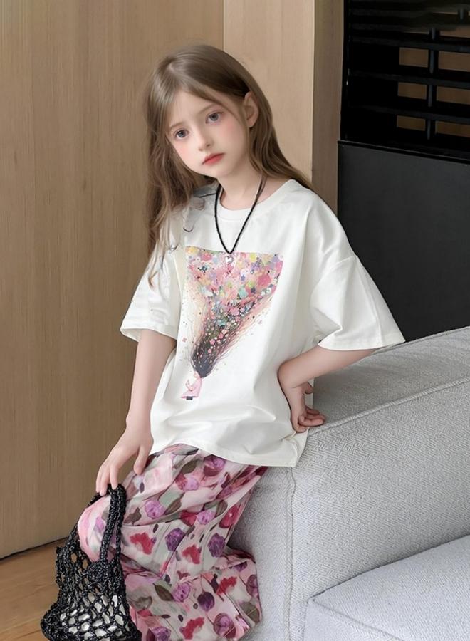 Take Two Girls Graphic Print T-Shirt And Wide Leg Pants Set - Image 1